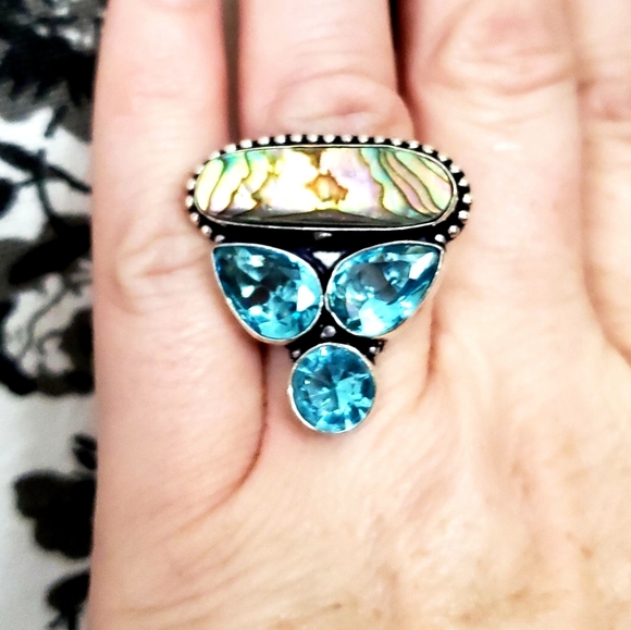 New Abalone Shell & Blue Topaz 925 Silver Ring. - Picture 3 of 7